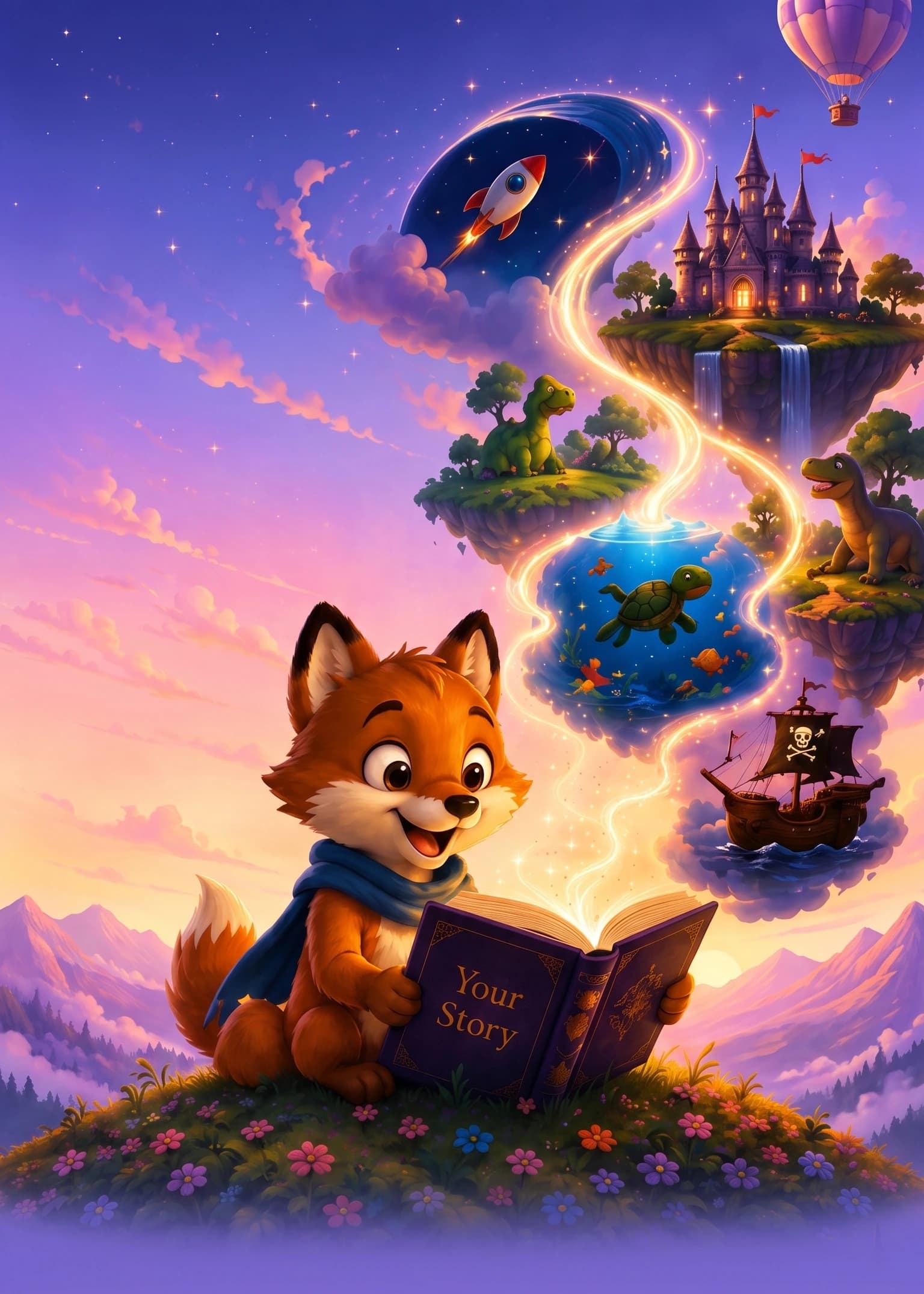 Finley the Fox reading a magical story, with adventure worlds drifting above